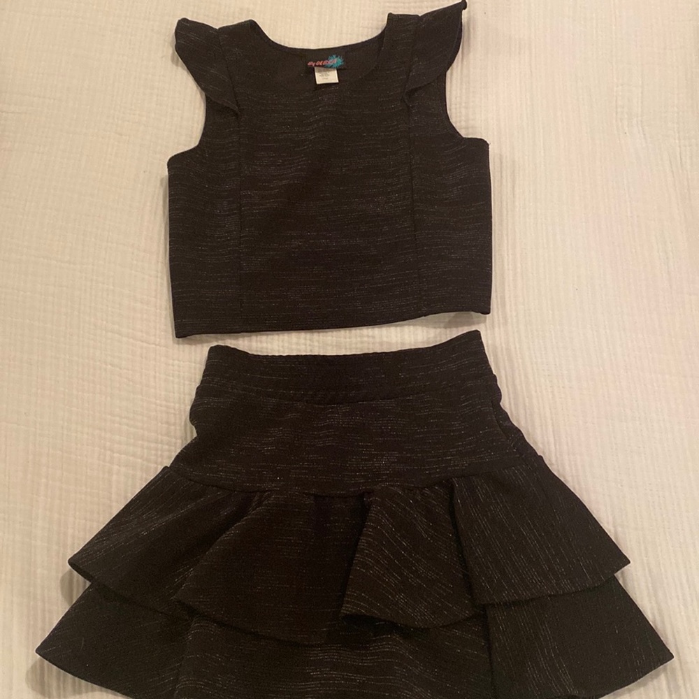 By Debra Flutter Sleeve Top and skirt size youth Large black and sparkly